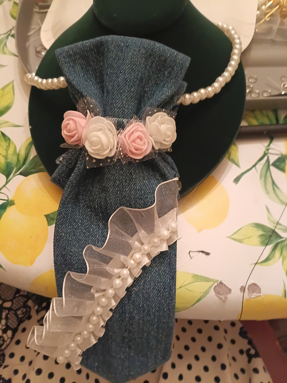 Denim Blue Headband with Pink & White Rose Accents - Unbranded